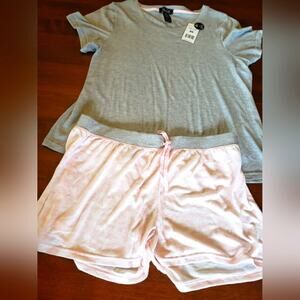 Rene Rofe sleepwear 1X top grey bottom pink with small pink‎ hearts